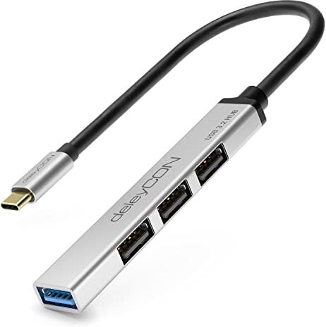 deleyCON Hub USB a 4 Porte 4x Attacchi USB-A (1x Presa USB 3.0 // 3x Presa USB2.0) Cavo 15cm con Connettore USB-C Argento