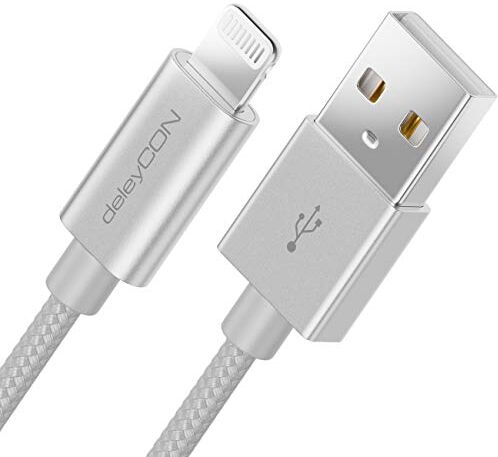 deleyCON 2m Lightning 8 Pin Cavo di Ricarica USB Apple MFI per iPhone 14 Pro Max 14 Pro 14 Plus 14 SE 13 Pro Max 13 Pro 13 Mini 12 Pro Max 12 Pro 12 Mini Spina in Metallo & Cavo in Nylon Argento