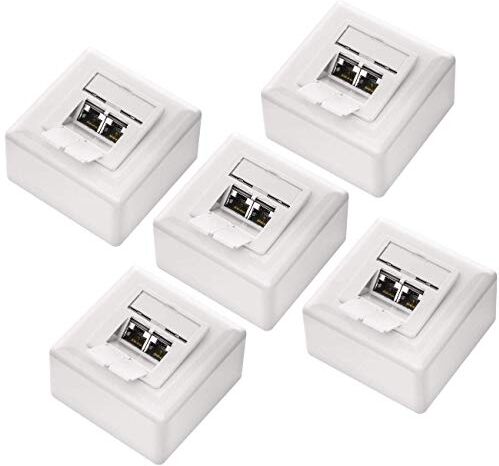 deleyCON 5x CAT 6a Universale Presa di Rete 2x Porta RJ45 Schermato Superficie o Filo 10 Gigabit Ethernet Rete EIA/TIA 568A&B Bianco