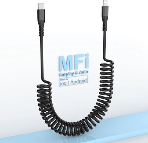 MTAKYI Cavo da USB-C a Lightning Spirale, Apple Carplay [certificato Mfi], cavo Lightning 1.8M Ricarica rapida Tipo C retrattile auto per iPhone 14 13 12 Pro Max Mini 11 SE 2020 X/XS Max/XR/8/7/6/5/iPad