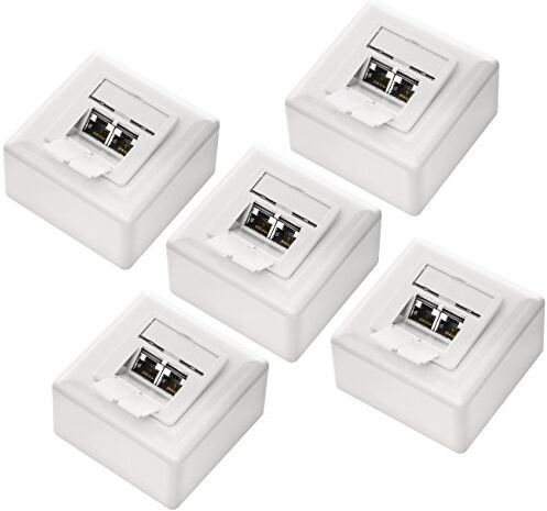 deleyCON 5x CAT 6 Universale Presa di Rete 2x Porta RJ45 Schermato Superficie o Filo 1 Gigabit Ethernet Rete EIA/TIA 568A&B Bianco