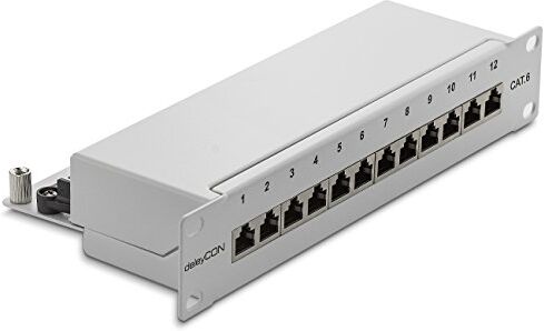 deleyCON CAT6 Patch Panel 12 Porte del Desktop 10 Pollici Montaggio Rack Assemblaggio del Server 12x RJ45 Schermato TIA568A TIA568B Grigio Chiaro