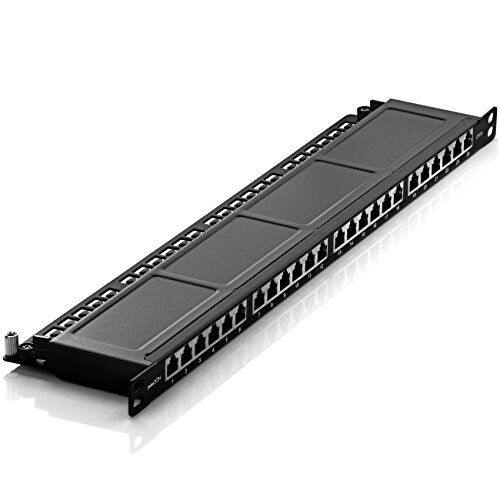 deleyCON Patch Panel 0,5 Unità Cat 6 Mini 24 Porte Desktop Montaggio a Rack 19 Pollici Server RJ45 Schermato TIA568A TIA568B Nero