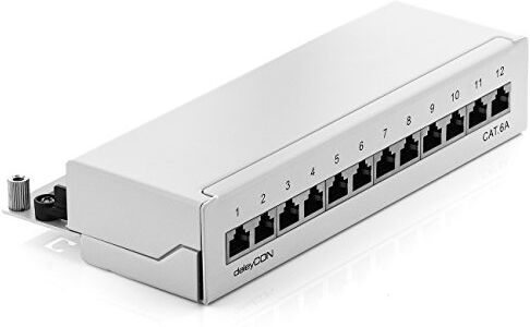 deleyCON CAT6a Patch Panel 12 Porte del Desktop & Montaggio a Parete Schermato Presa RJ45 12x TIA568A TIA568B Grigio Chiaro