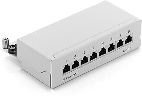 deleyCON CAT6 Patch Panel 8 Porte del Desktop & Montaggio a Parete Schermato Presa RJ45 8x TIA568A TIA568B Grigio Chiaro