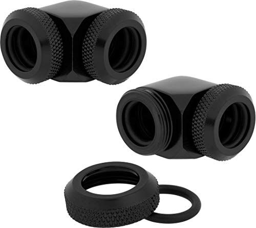 Corsair Hydro X XF Serie, Xf Hardline 90° Raccordi De 12 Mm, Confezione da Due (Ottone Massiccio Durata, Finitura Alta Qualità, Doppia Guarnizione O-Ring Rigida, 12 Mm Diametro Tubi) Nero