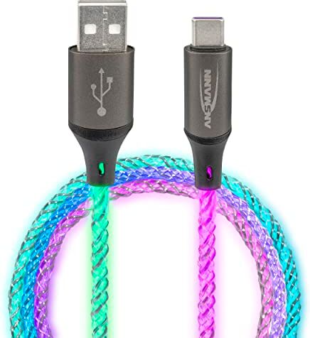 Ansmann cavo di ricarica da 100 cm da USB-A a USB tipo C con luce LED fredda e pulsante/Cambio di colore silenzioso, nessun fastidioso/Per gaming, interno dell'auto, la camera da letto