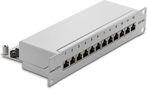 deleyCON CAT6a Patch Panel 12 Porte del Desktop 10" Pollici Montaggio Rack Assemblaggio del Server 12x RJ45 Schermato TIA568A TIA568B Grigio Chiaro