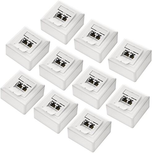 deleyCON 10x CAT 6 Universale Presa di Rete 2x Porta RJ45 Schermato Superficie o Filo 1 Gigabit Ethernet Rete EIA/TIA 568A&B Bianco