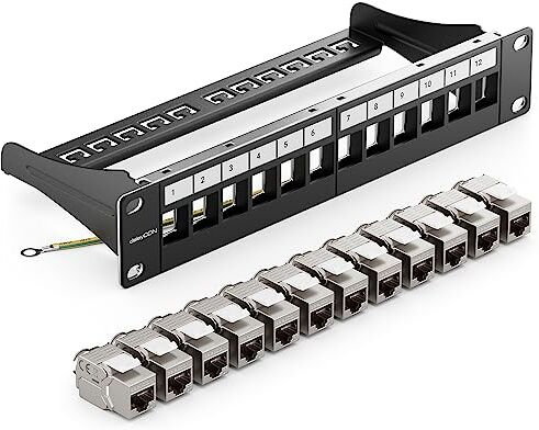 deleyCON 12 Porto CAT7 Pannello Patch SET Campo Delle Patch Campo di Distribuzione Modulare 1 IU 10" Pollici Montaggio Rack + 12x CAT 7 Keystone Moduli RJ45 10 Gbit/s 600 MHz Cavi di Posa Nero