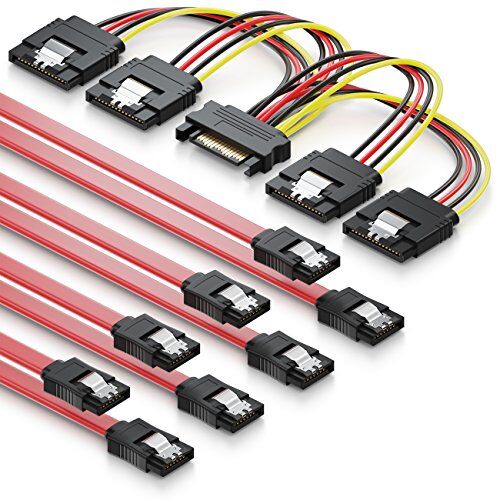 deleyCON Set di Cavi SATA con 4 Cavi SATA III con Connettore Dritto + Cavo Adattatore di Alimentazione per SSD HDD Hard Disk