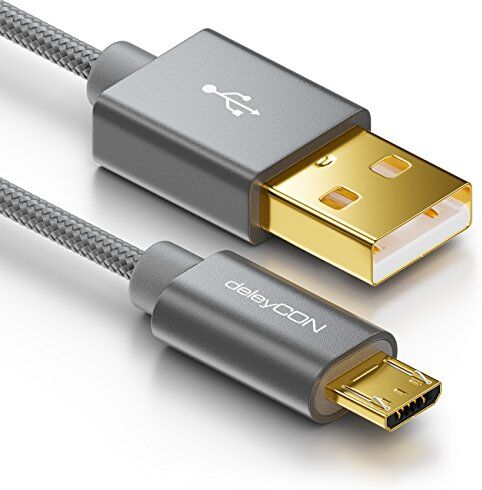 deleyCON Cavo Micro USB 0,5m Nylon + Cavo Metallico Cavo Dati di Ricarica Cavo di Ricarica Rapido Smartphone Tablet PC Laptop Notebook Grigio