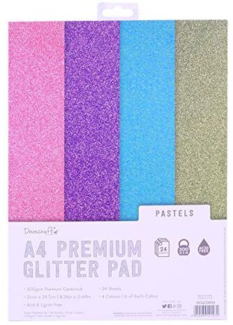 Dovecraft Glitter A4 Pad-Pastels – 24 Sheets – Non-shed – 300GSM – 4 Colours – Pink, Purple, Blue & Green-for Scrapbooking, Card Making, Home Décor, Party Crafts, Carta, Multicolore, 1