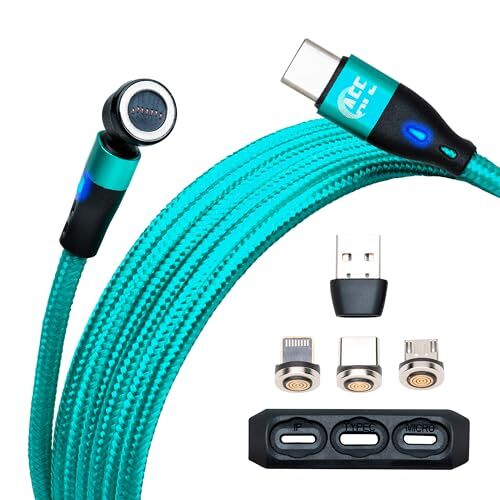 Generico 2 Metri di Cavo Ricarica Magnetico 360° 6 IN 1 60W Verde, USB Tipo C, Micro, IOS, Cavo Ricarica Rapida Type C e Trasferimento Dati Connettore con Base Rotante con Adattatore da Usbc a Usb