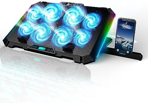 KLIM V8 Base di raffreddamento da Gaming per Notebook con 8 ventole + Nuovo 2024 + Stabile supporto RGB con ventole per portatile + Compatibile fino a 17" + 2 porte USB + Supporto per telefono