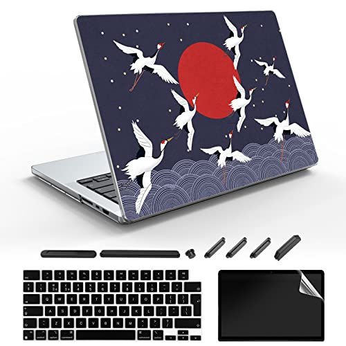 SanMuFly Case for New MacBook Pro 14 inch 2021 M1 Pro / M1 Max Chip with Retina Display Touch ID Model A2442,Pattern Hard Case & Laptop Sleeve & Silicone Keyboard Skin Cover, Totem Crane 3