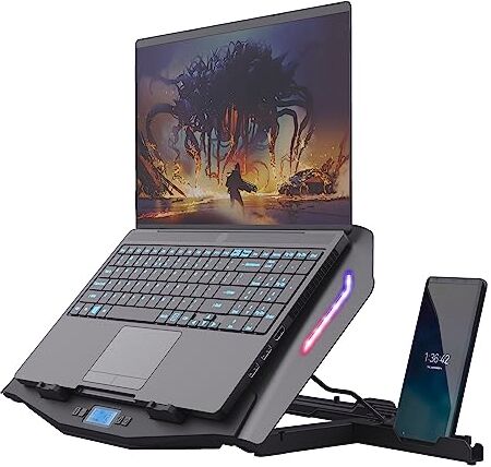 Trust Gaming GXT 1127 Yoozy Base di Raffreddamento PC Portatile 17.3" con Supporto per Telefono, Laptop Cooler RGB, Display LCD, 2 Ventole, Modalità Silent/Performance, per Lenovo, HP, Asus, Acer