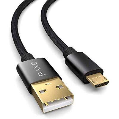 PAXO Cavo micro USB in nylon da 5 m nero, cavo di ricarica da USB a micro USB, connettori dorati, eleganti spine in alluminio, guaina in tessuto & chiusura a strappo PAXO Cavo micro USB in nylon da 5 m nero, cavo di ricarica da USB a micro USB, connettori dorati, eleganti spine in alluminio, guaina in tessuto & chiusura a strappo