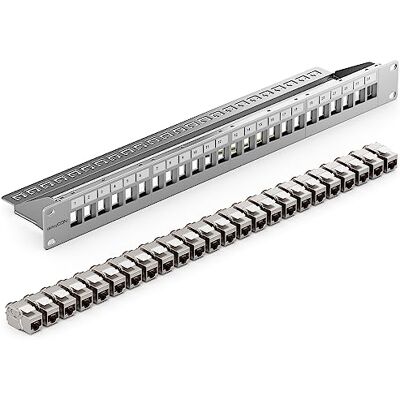 deleyCON 24 Porto CAT7 Pannello Patch SET Campo Delle Patch Campo di Distribuzione Modulare 1 IU 19" Pollici Montaggio Rack + 24x CAT 7 Keystone Moduli RJ45 10 Gbit/s 600 MHz Cavi di Posa Grigio deleyCON 24 Porto CAT7 Pannello Patch SET Campo Delle Patch Campo di Distribuzione Modulare 1 IU 19" Pollici Montaggio Rack + 24x CAT 7 Keystone Moduli RJ45 10 Gbit/s 600 MHz Cavi di Posa Grigio