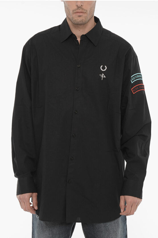 Raf Simons FRED PERRY Camicia in Popeline di Cotone con Toppe a Contras taglia M