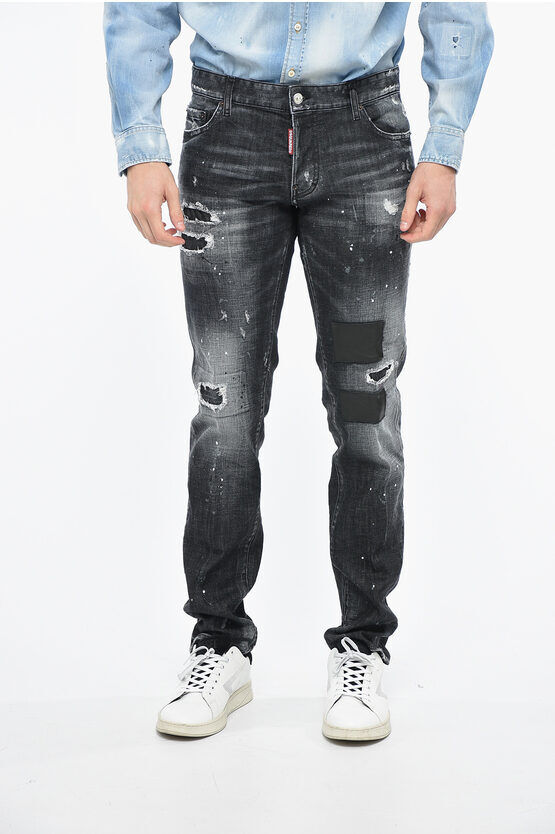 Dsquared2 Jeans Distressed Slim Fit con Toppe in Pelle 17cm taglia 44