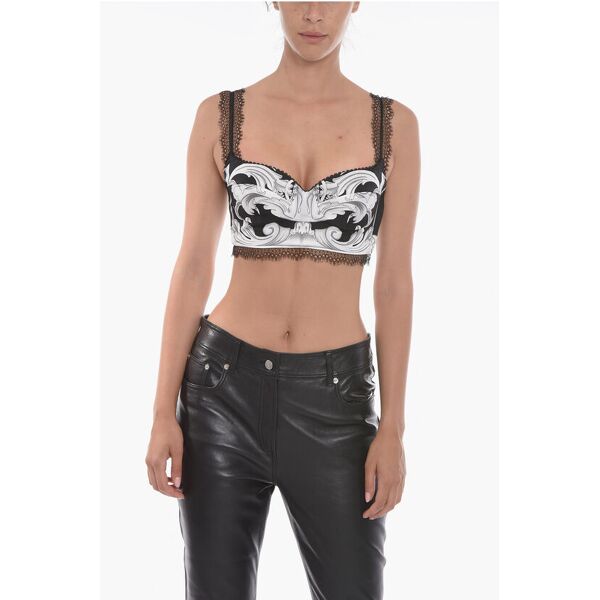 versace crop top in seta con motivo barocco e dettaglio in pizzo taglia 40