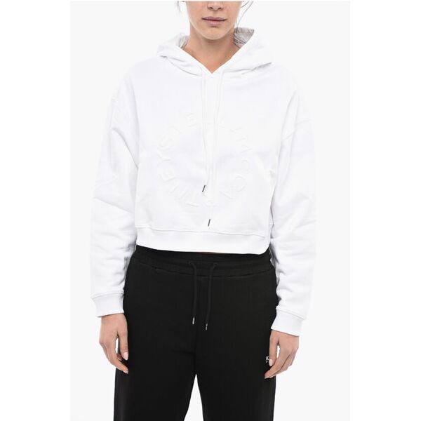 stella mccartney felpa hoodie crop in cotone organico con logo floccato taglia m