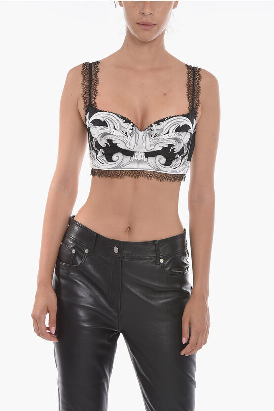 Versace Crop Top in Seta con Motivo Barocco e Dettaglio in Pizzo taglia 40