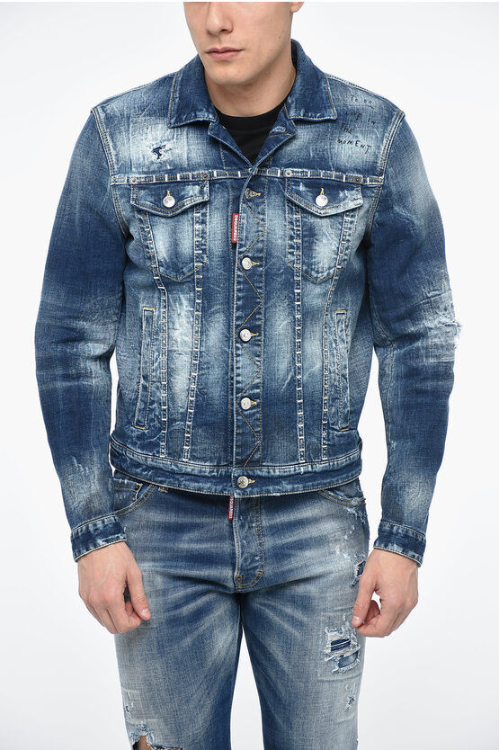 Dsquared2 Giacca DAN in Denim Distressed con Applicazione Borchie taglia 50