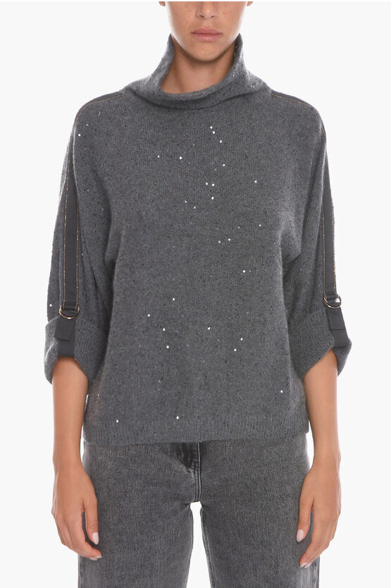 Brunello Cucinelli Maglia a Collo Alto in Cashmere con Paillettes taglia L