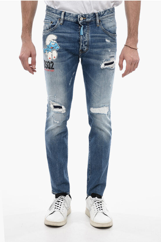 Dsquared2 ONE LIFE ONE PLANET Jeans Distressed THE SMURFS con Applicaz taglia 56