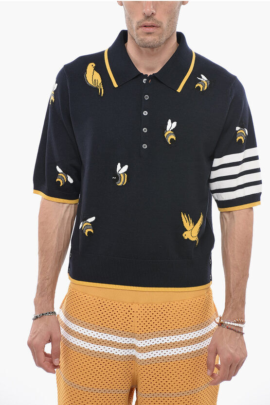 Thom Browne Polo in Misto Lana BIRDS AND BEES con Bande a Contrasto taglia 54