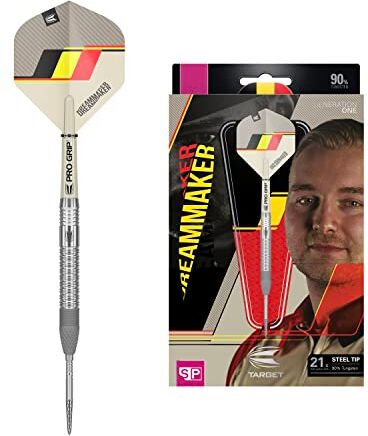 Target Darts Dimitri Van den Bergh Dream Maker G1 90% tungsteno Swiss Point Set di Freccette con Punta in Acciaio, Unisex, Sabbia, Nero, Giallo e Rosso, 21 g