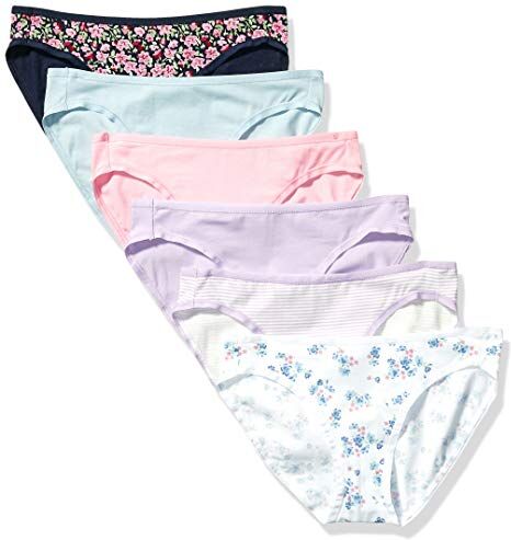 Amazon Essentials Slip Bikini in Cotone (Disponibile in Taglie Forti) Donna, Pacco da 6, Bianco Motivo Floreale Piccolo/Blu/Lilla/Nero Floreale/Righe/Rosa, 46