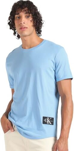 Calvin Klein Jeans Uomo T-shirt Maniche Corte Badge Turn Up Sleeve Scollo Rotondo, Blu (Dusk Blue), XL