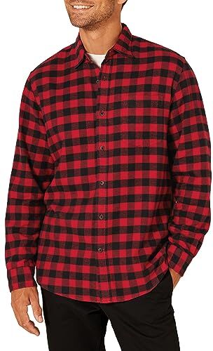 Amazon Essentials Camicia in Flanella a Maniche Lunghe (Disponibile in Taglie Extra Forti) Uomo, Nero Rosso Buffalo Plaid, XS