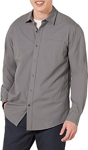 Amazon Essentials Camicia Casual in Popeline a Maniche Lunghe vestibilità Regular Uomo, Grigio, XL