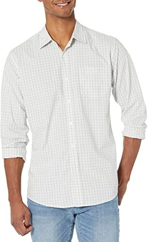 Amazon Essentials Camicia Casual in Popeline a Maniche Lunghe vestibilità Regular Uomo, Bianco Grigio Chiaro A Quadretti, XS