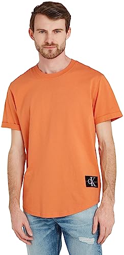 Calvin Klein Jeans T-shirt Maniche Corte Uomo Badge Turn Up Sleeve Scollo Rotondo, Arancione (Burnt Clay), XS