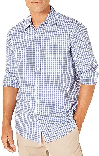 Amazon Essentials Camicia Casual in Popeline a Maniche Lunghe vestibilità Regular Uomo, Blu Bianco A Quadretti, L