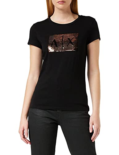 Armani Exchange Basic con logo sequin, T-shirt, Donna, Nero (Black With Gold), XL