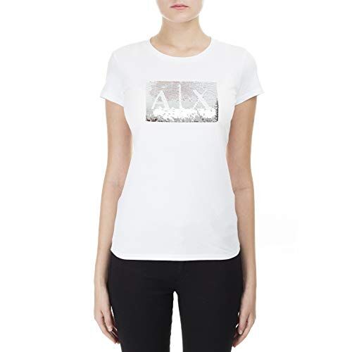 Armani Exchange Basic con logo sequin, T-shirt, Donna, Bianco (White Ground), XL
