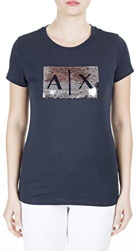 Armani Exchange Basic con logo sequin, T-shirt, Donna, Azul (Navy Silver), M