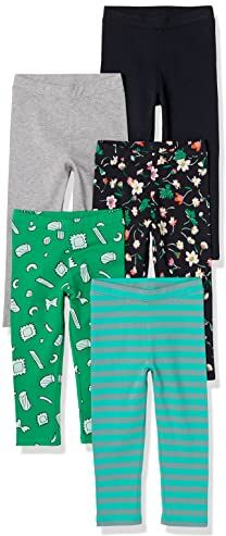 Amazon Essentials Leggings Bambine e Ragazze, Pacco da 5, Blu Turchese Righe/Grigio/Nero/Dolciumi/Floreale, 6-7 Anni