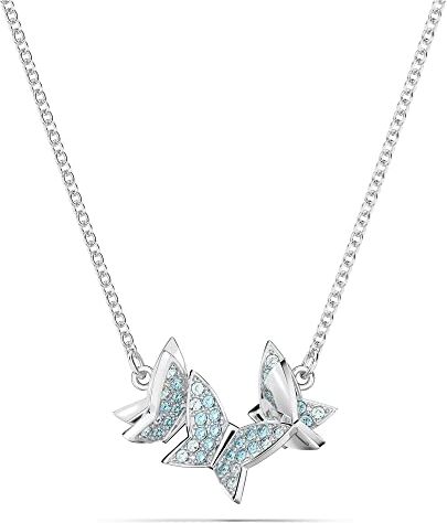 Lilia Collana con Motivo a Farfalle, Pavé di Cristalli BluSwarovski, Placcatura in Tonalità Rodio, Azzurro