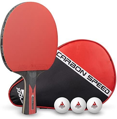 JOOLA Carbon Speed Racchetta da Ping Pong Professionale + 3 Palline + 1 Borsa Portable da tennis da tavolo, rosso/nero, 5pz