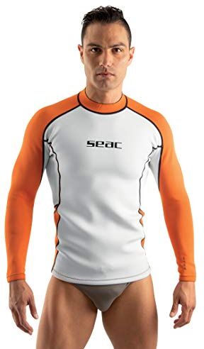 SEAC Fit Long, Maglia in Neoprene 2 mm a Maniche Lunghe, Ottima Come Sottomuta da Sub o Rash Guard da Surf e Nuoto Uomo, Bianco/Arancione, XL