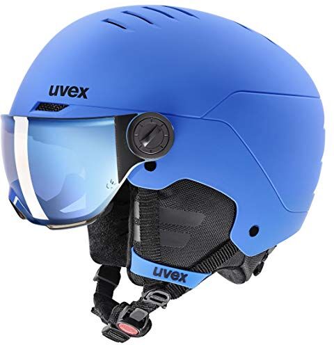 Uvex rocket jr visor, casco da sci robusto per bambini, con visiera, regolazione individuale delle dimensioni, blue matt, 54-58 cm