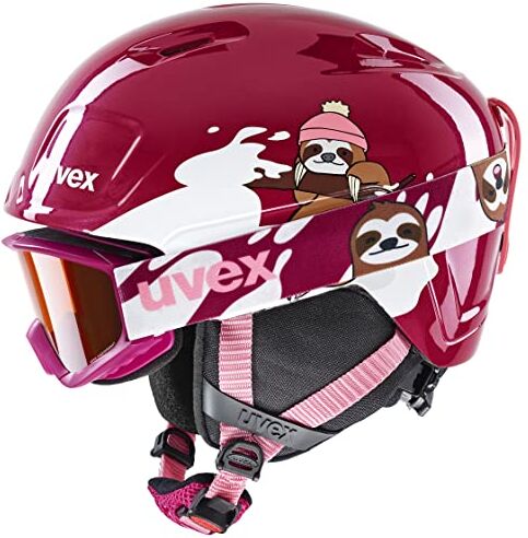 Uvex heyya set, casco da sci leggero per bambini, regolazione individuale delle dimensioni, con intensificazione del contrasto, berry, white sloth, 46-50 cm