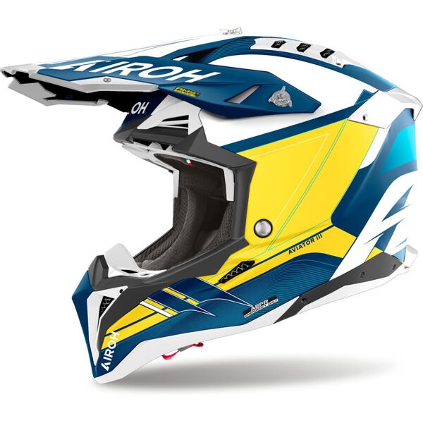 airoh aviator 3 saber casco da motocross bianco blu giallo l